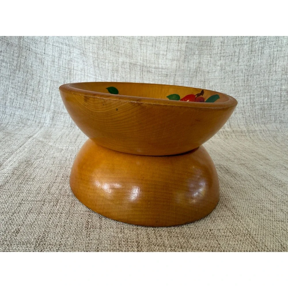 Vermont Wood Specialties Wooden Bowls Set 2 Brown Good Hand Painted Apple Fruit